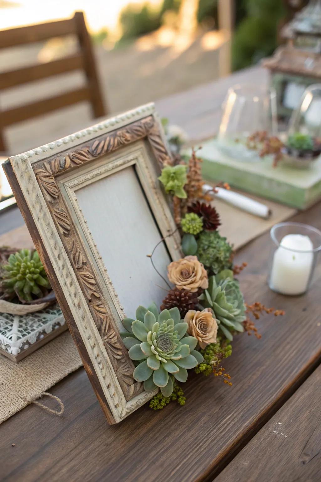 Barnwood frame adorned with succulents and dried flowers.