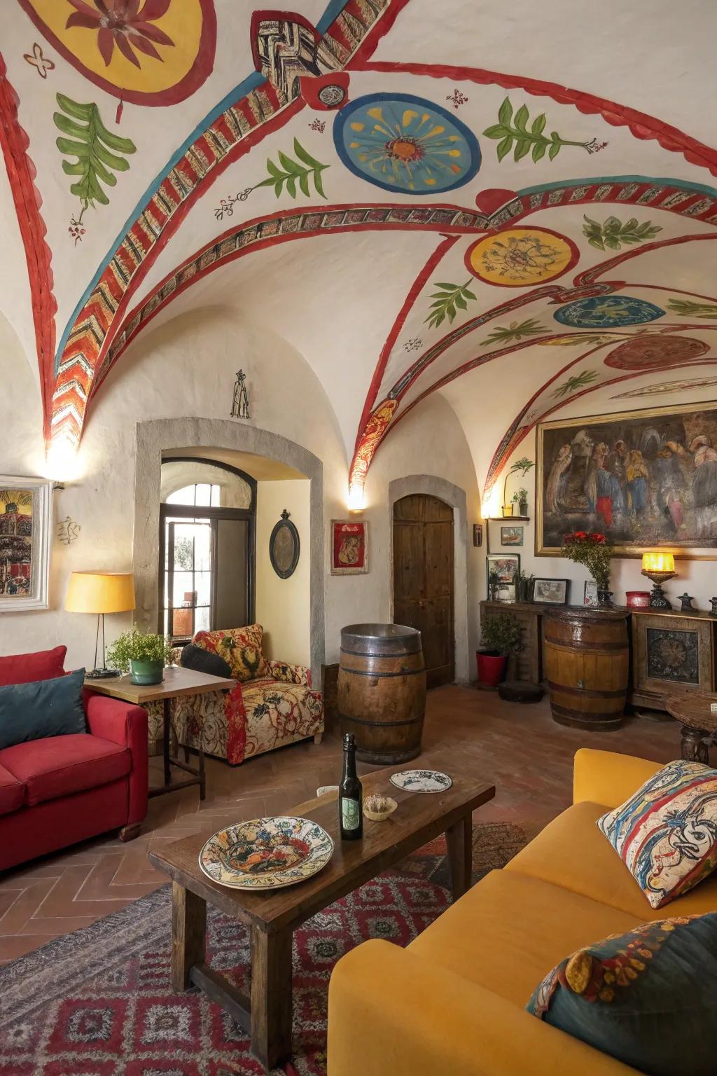 An artistic living room featuring a colorful painted barrel ceiling.