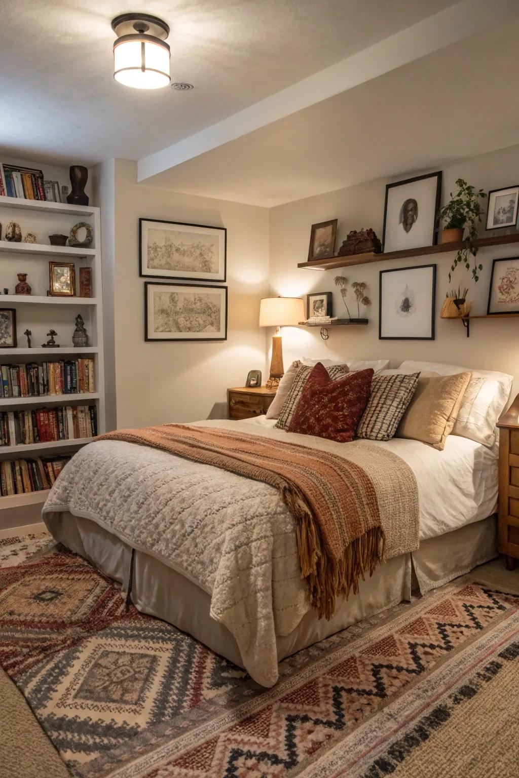 Textiles can transform a basement bedroom into a cozy sanctuary.