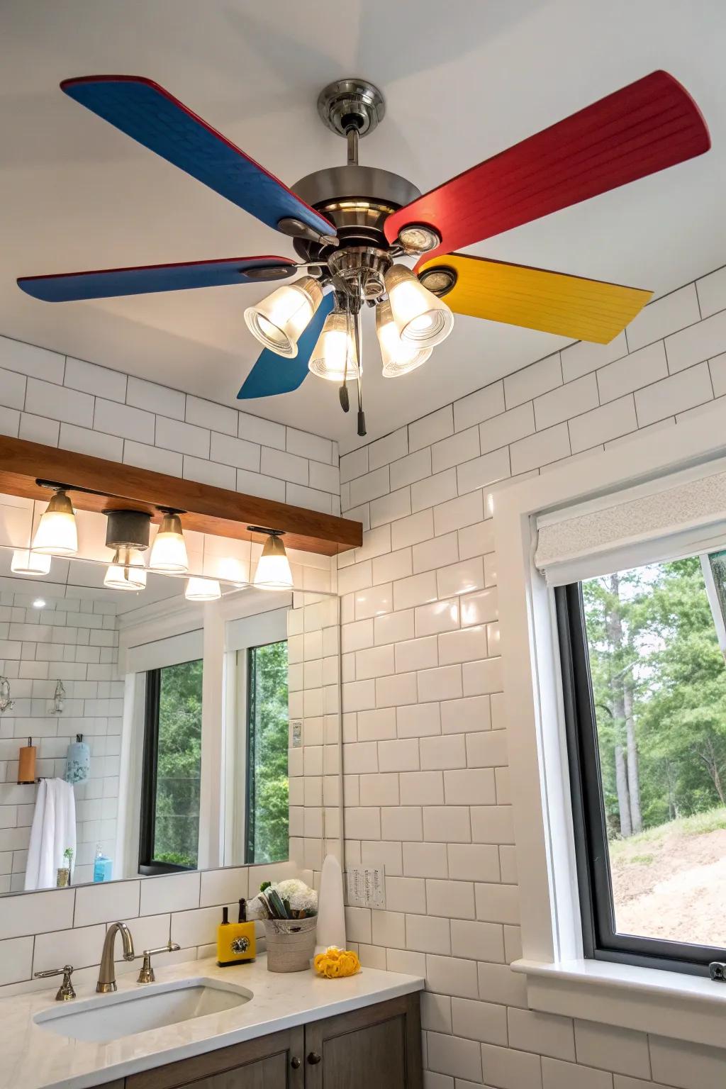 A bathroom featuring a bold, colorful ceiling fan with light.