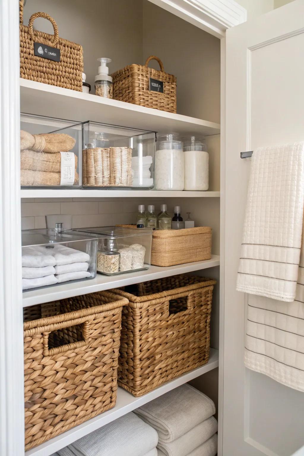 A blend of clear containers and woven baskets for stylish organization.