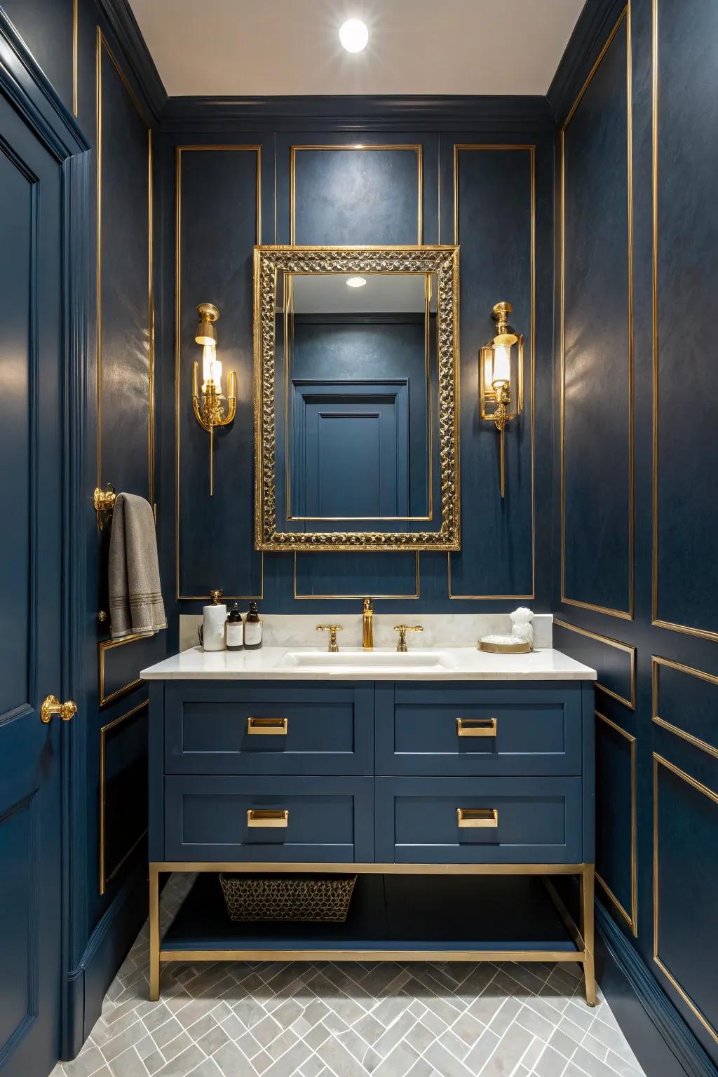 Navy blue walls create a bold and dramatic bathroom ambiance.