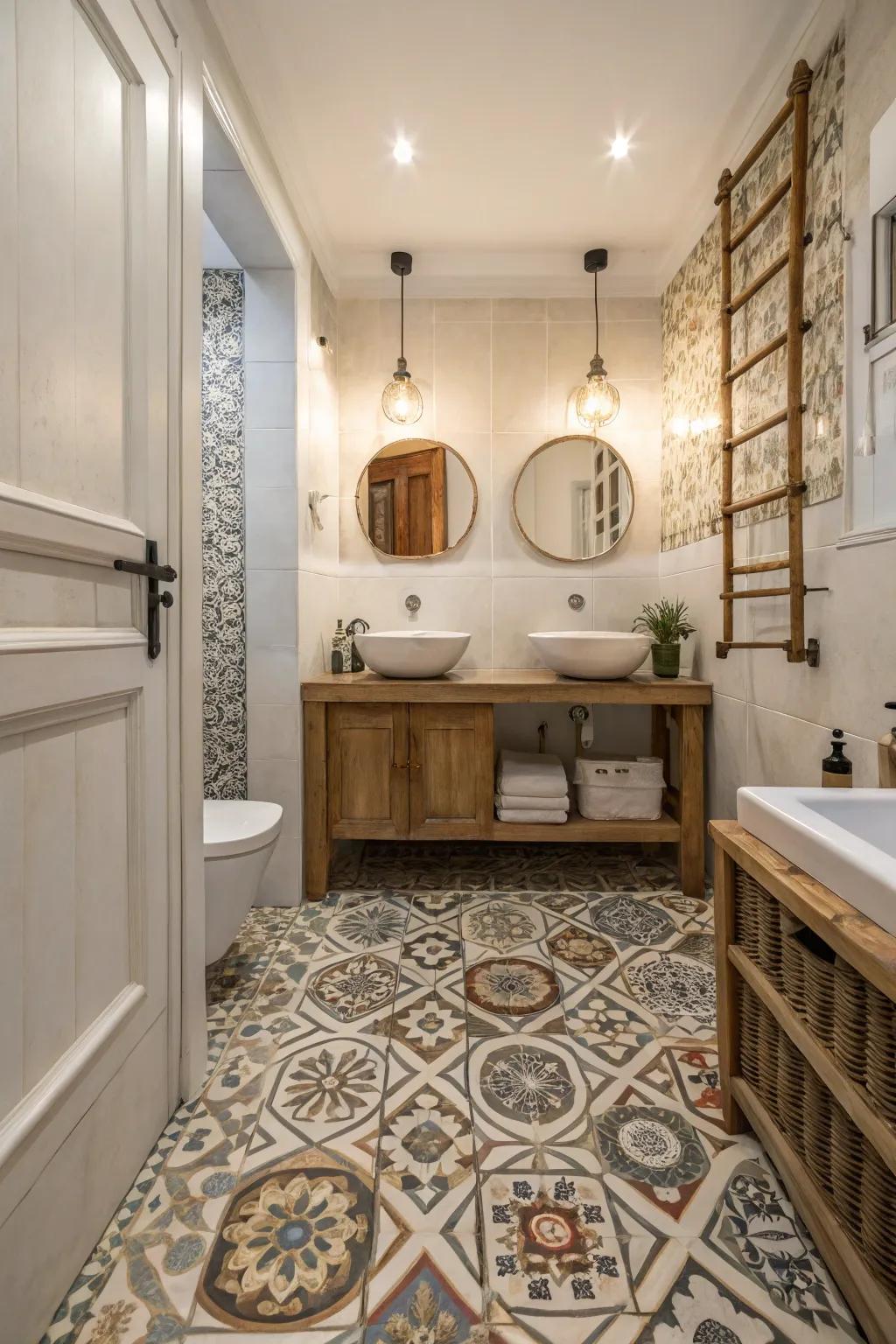 Patterned tiles add a bold statement to your bathroom floor.