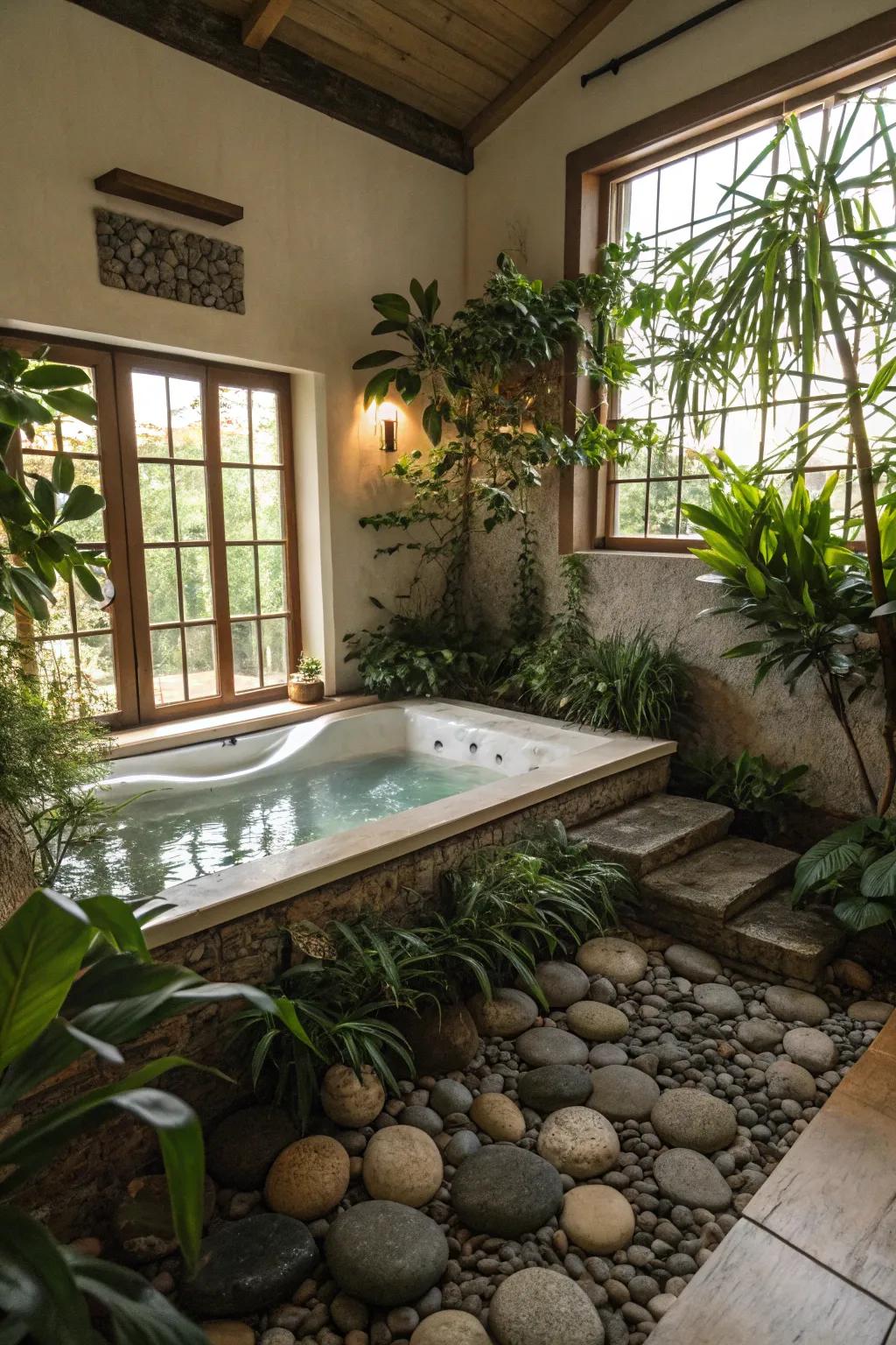 Create a serene, spa-like atmosphere with natural elements around your bathtub.