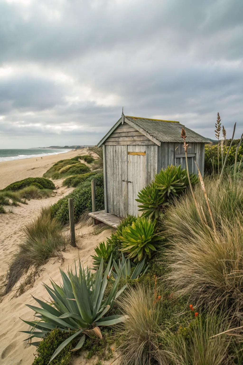 Coastal plants create a natural border around the beach shed.