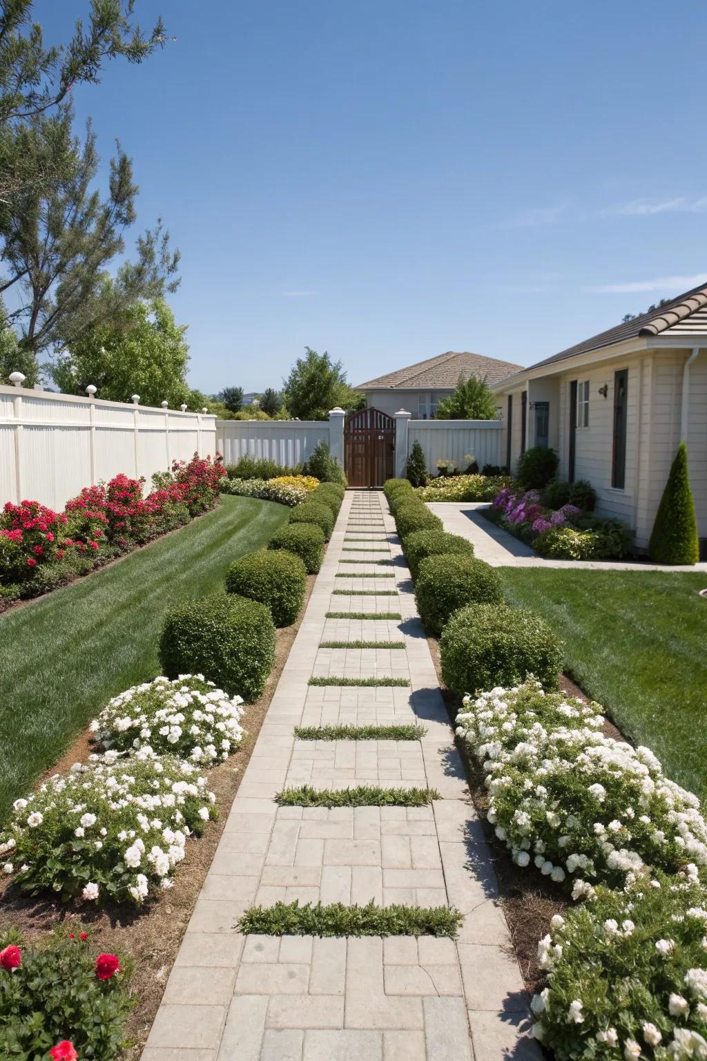 Symmetrical plantings creating balance in the front yard.