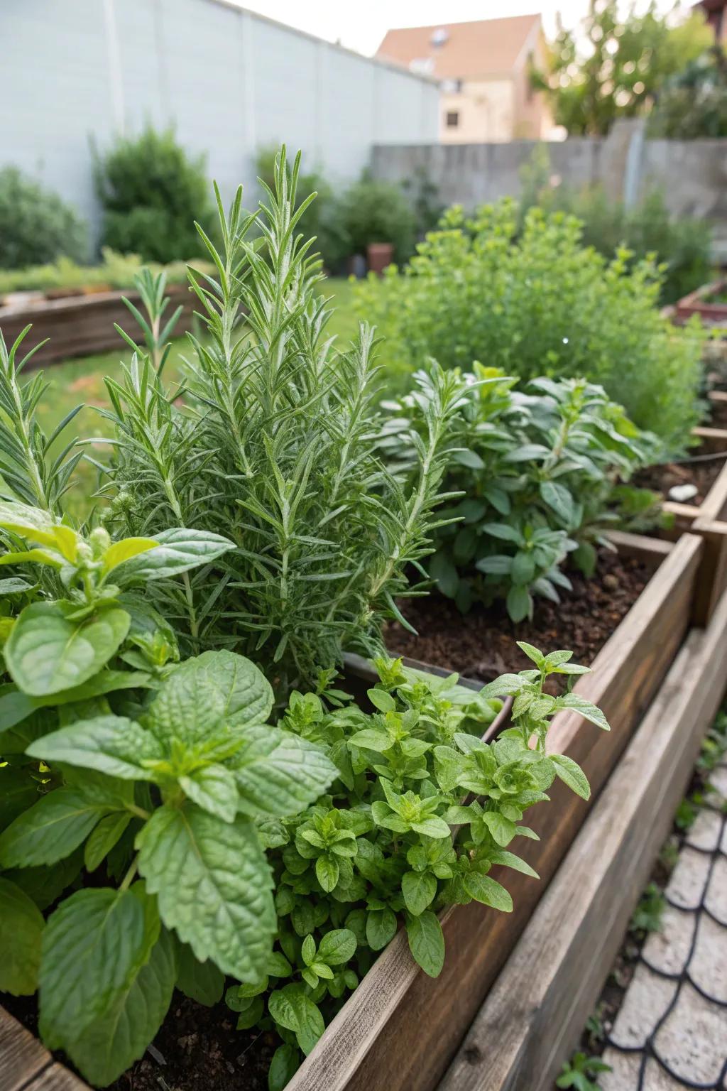 A fragrant herb garden featuring basil, rosemary, and mint.