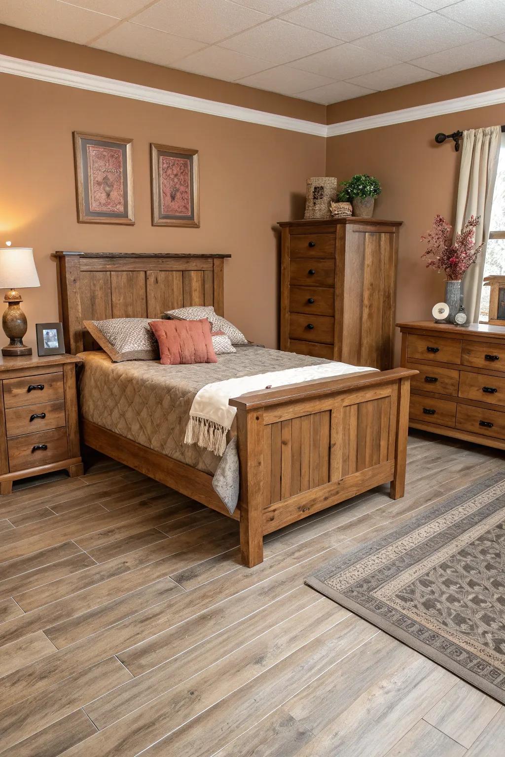 Wood accents bring warmth and nature to the bedroom.