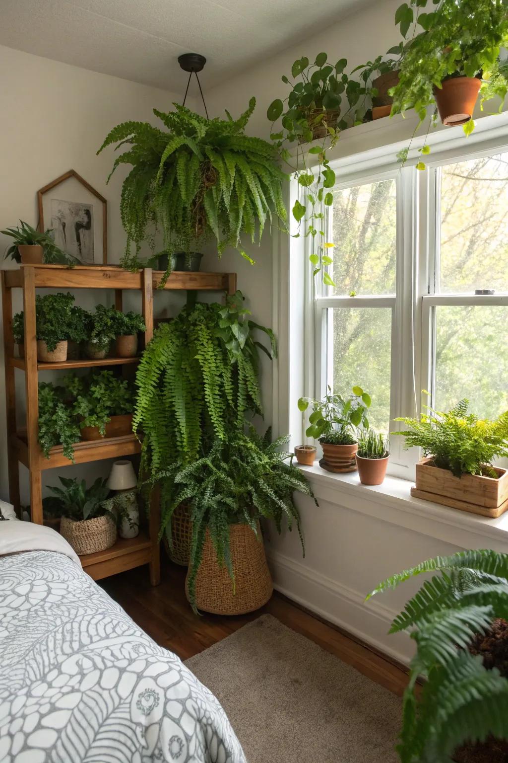 Indoor plants introduce a natural element to the bedroom.