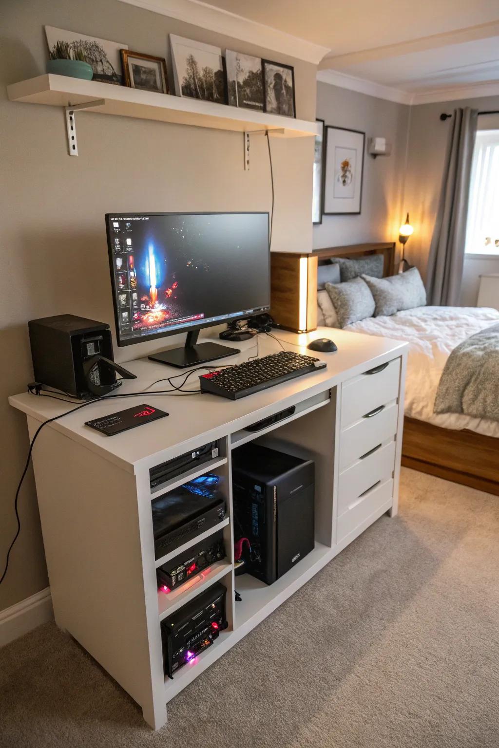 A creatively arranged desk keeps your gaming area tidy.