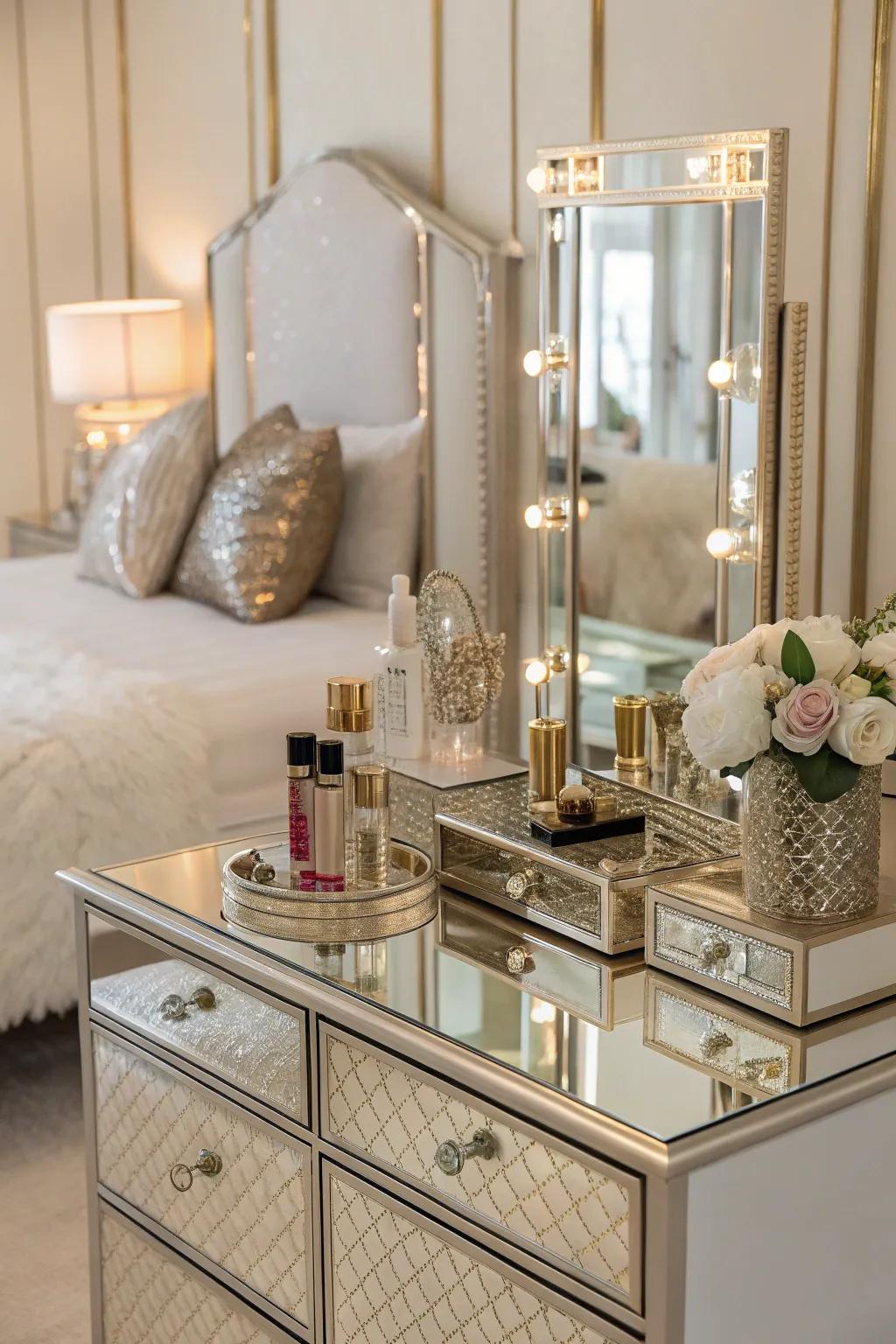 A vanity that adds a glamorous touch to any room.