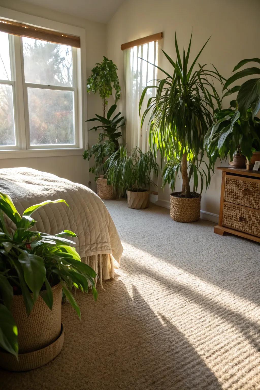 Greenery adds a refreshing touch to this serene bedroom with a beige carpet.