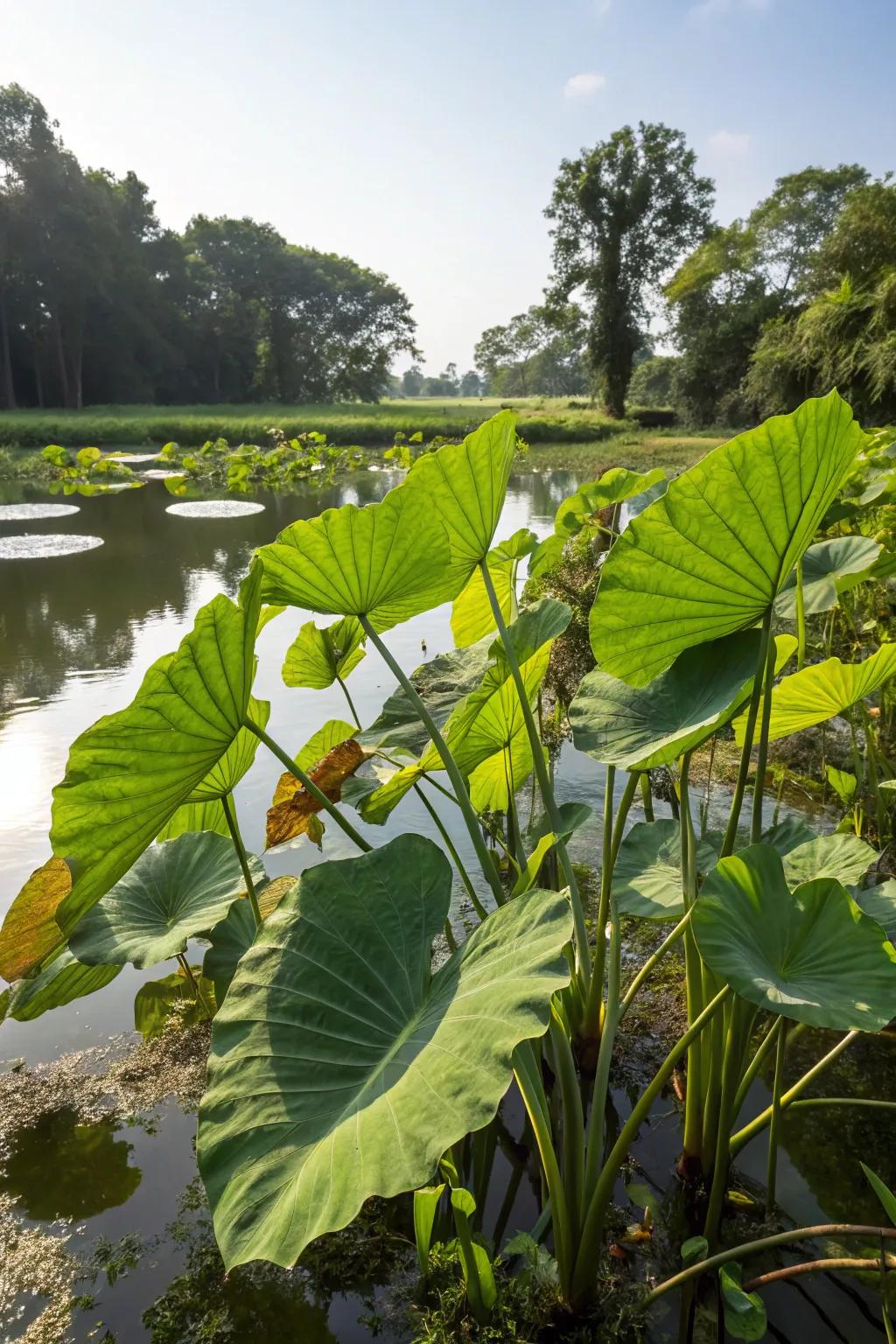 Taro plants lend a tropical vibe to your water garden.