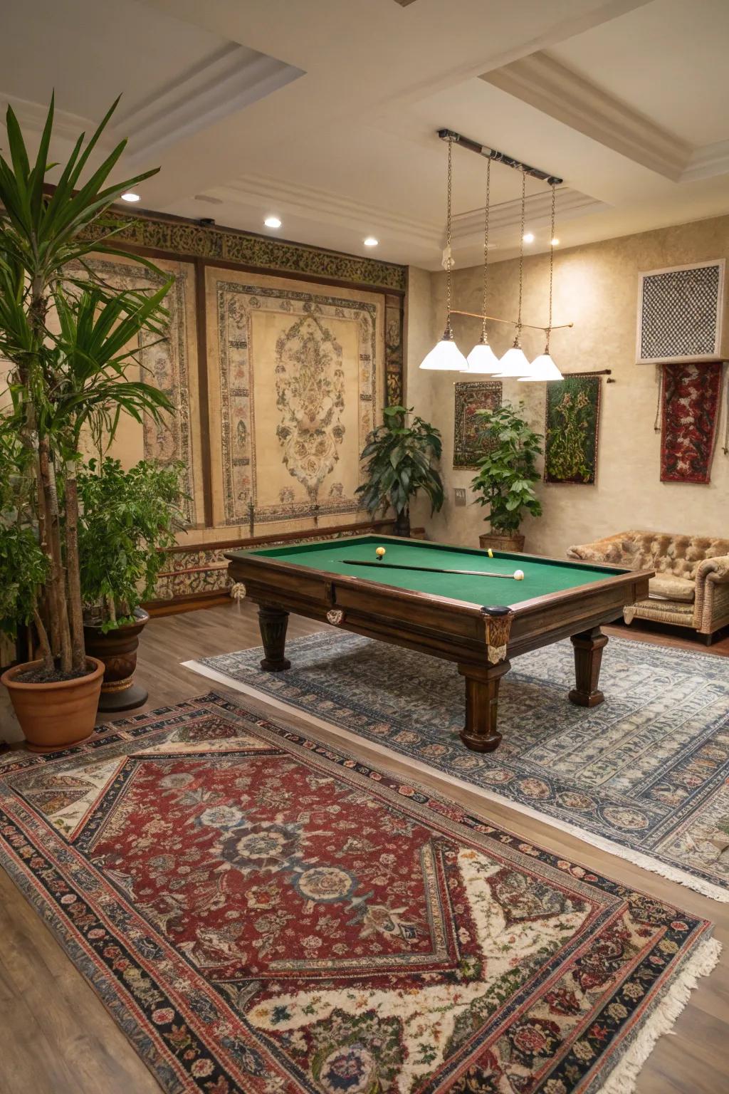 Decorative accents like rugs and plants adding warmth to a billiard room.