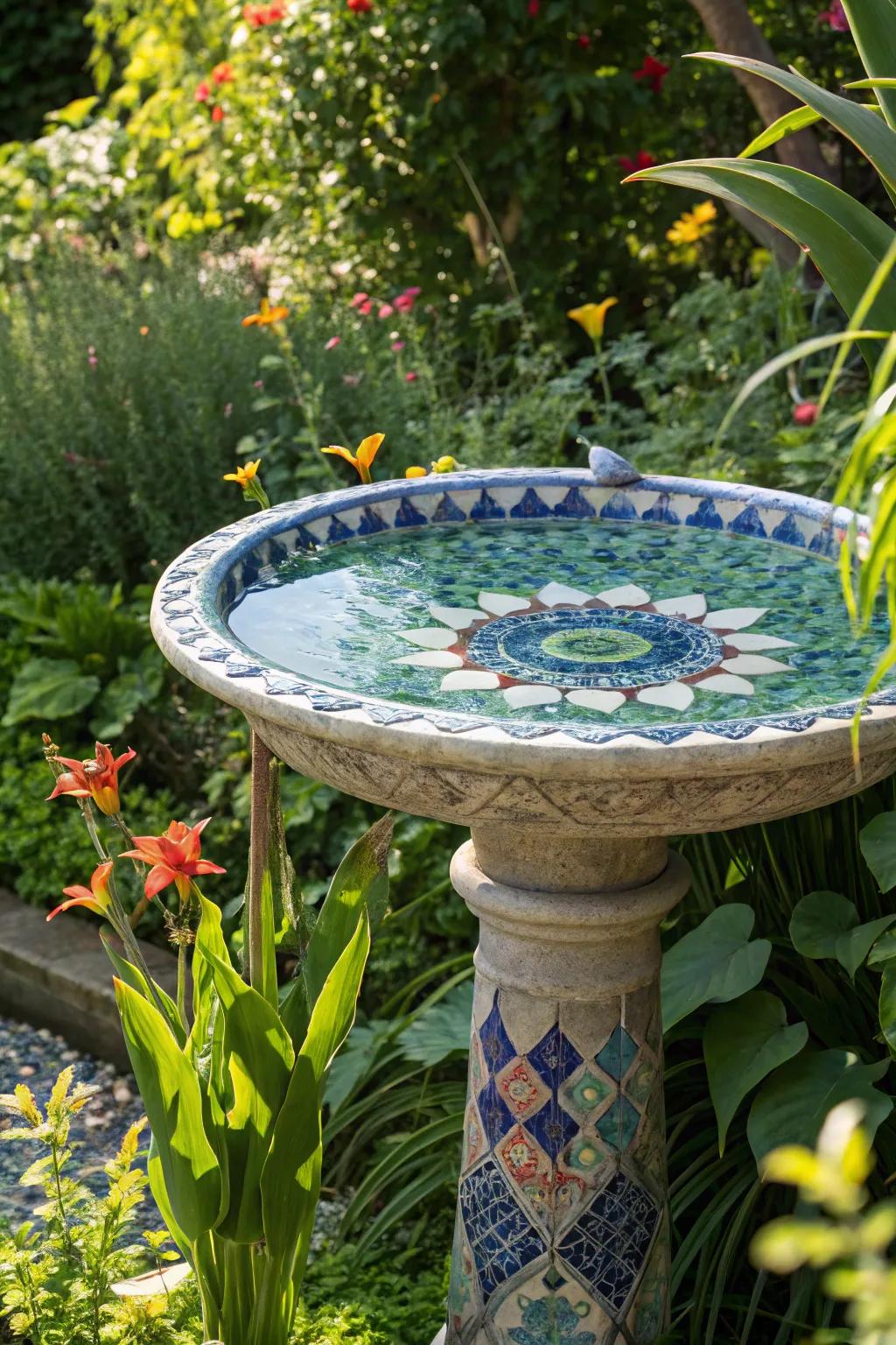 An artistic mosaic bird bath with blue and green tiles, adding a creative flair to the garden.