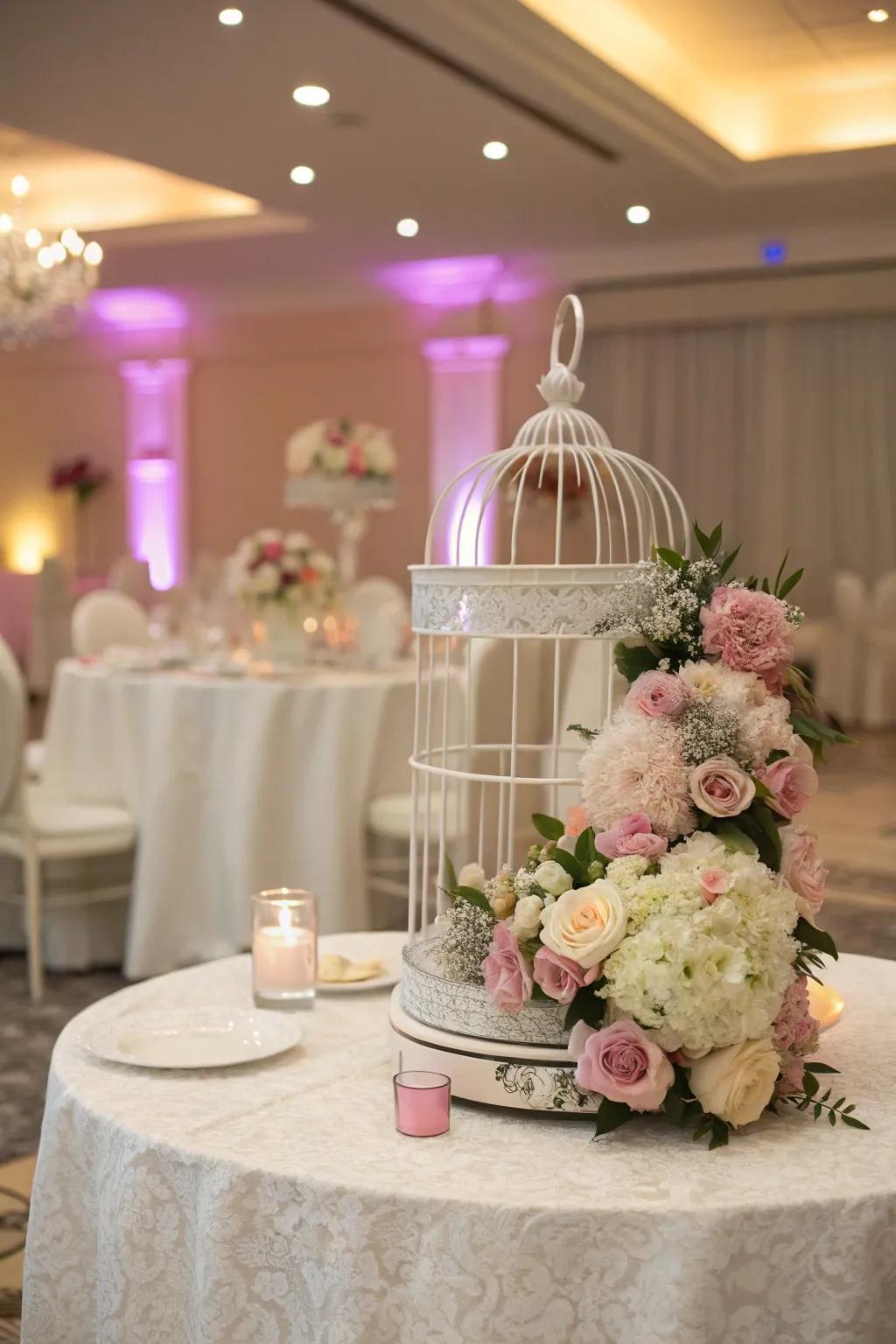 A wedding table adorned with a romantic bird cage centerpiece.