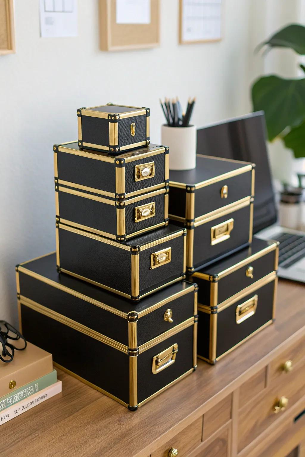 Black and gold storage solutions keep your workspace organized and stylish.
