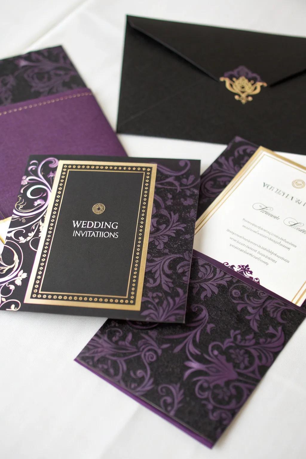 Chic wedding invitations in black and purple.