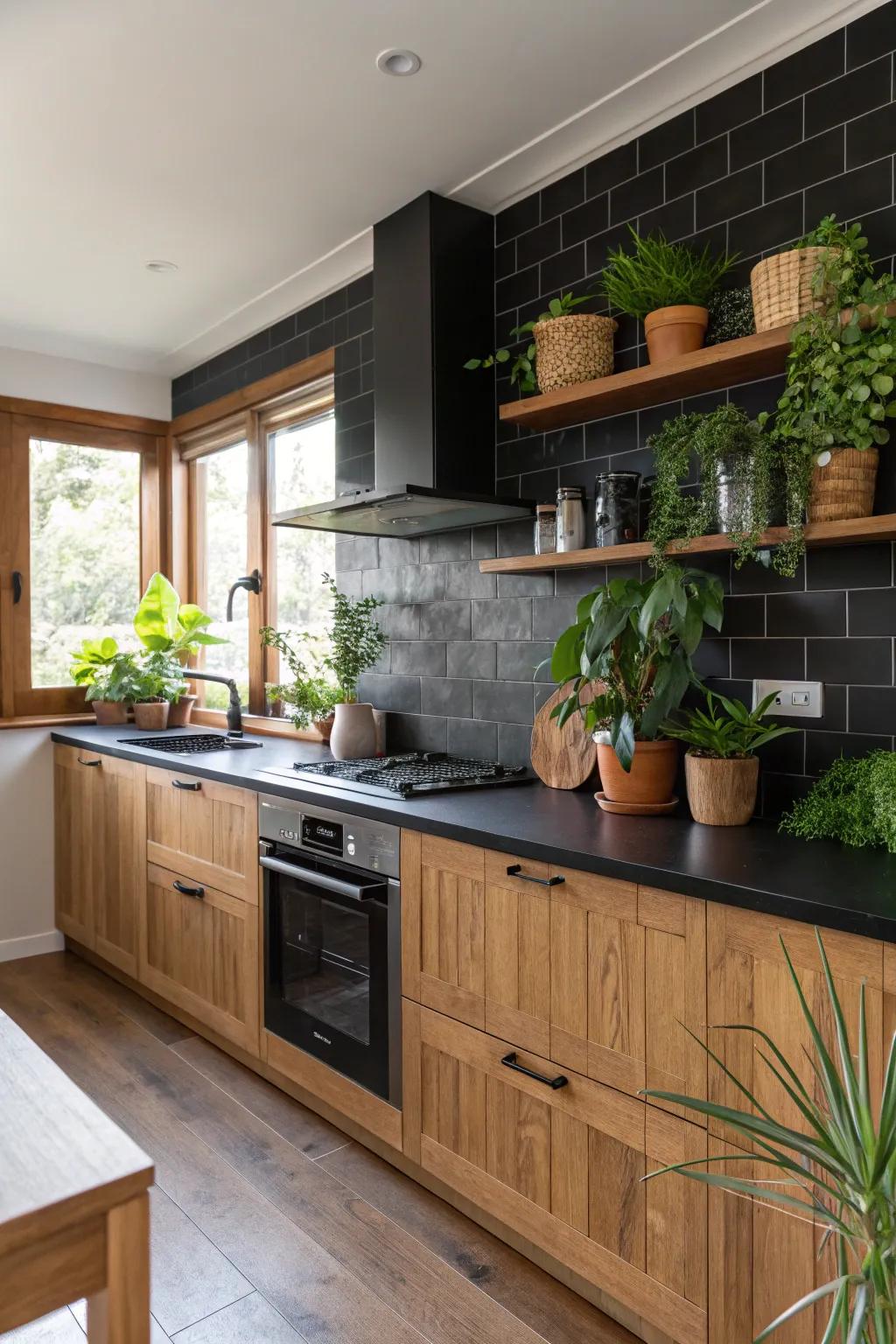 A kitchen where nature meets modern design with plants complementing the black backsplash.