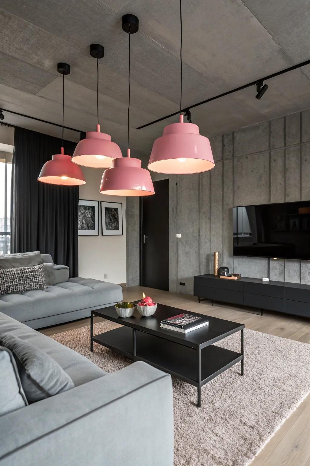 Pendant lights with a pink hue highlight the room's features.