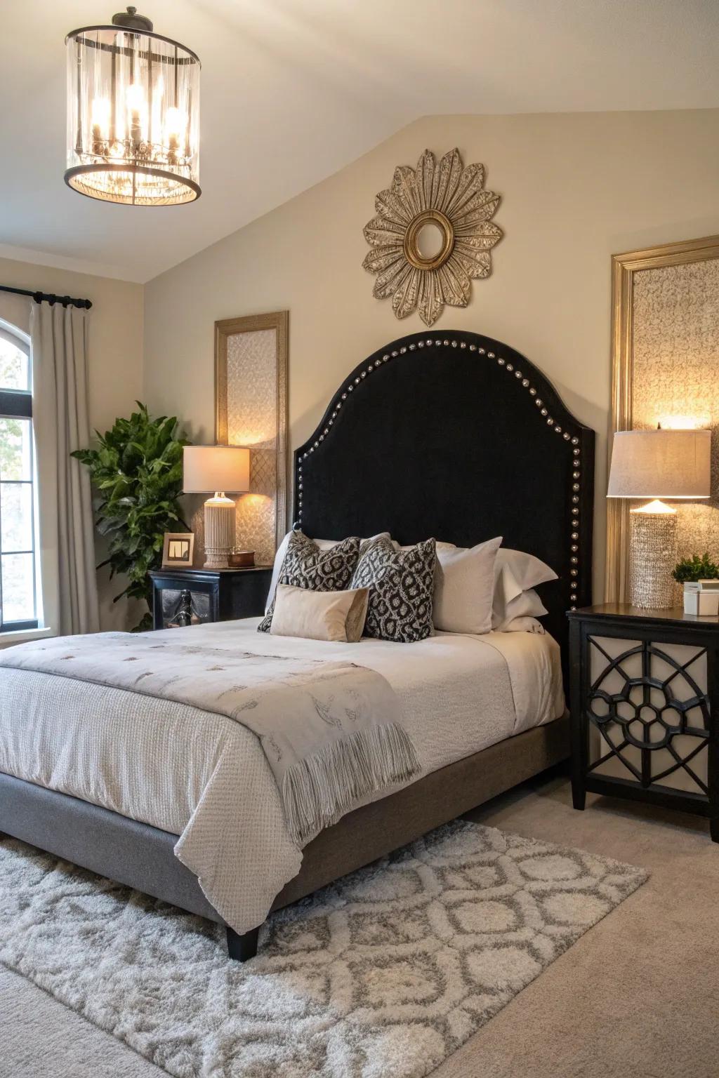 Sophisticated bedroom with a unique black arched headboard