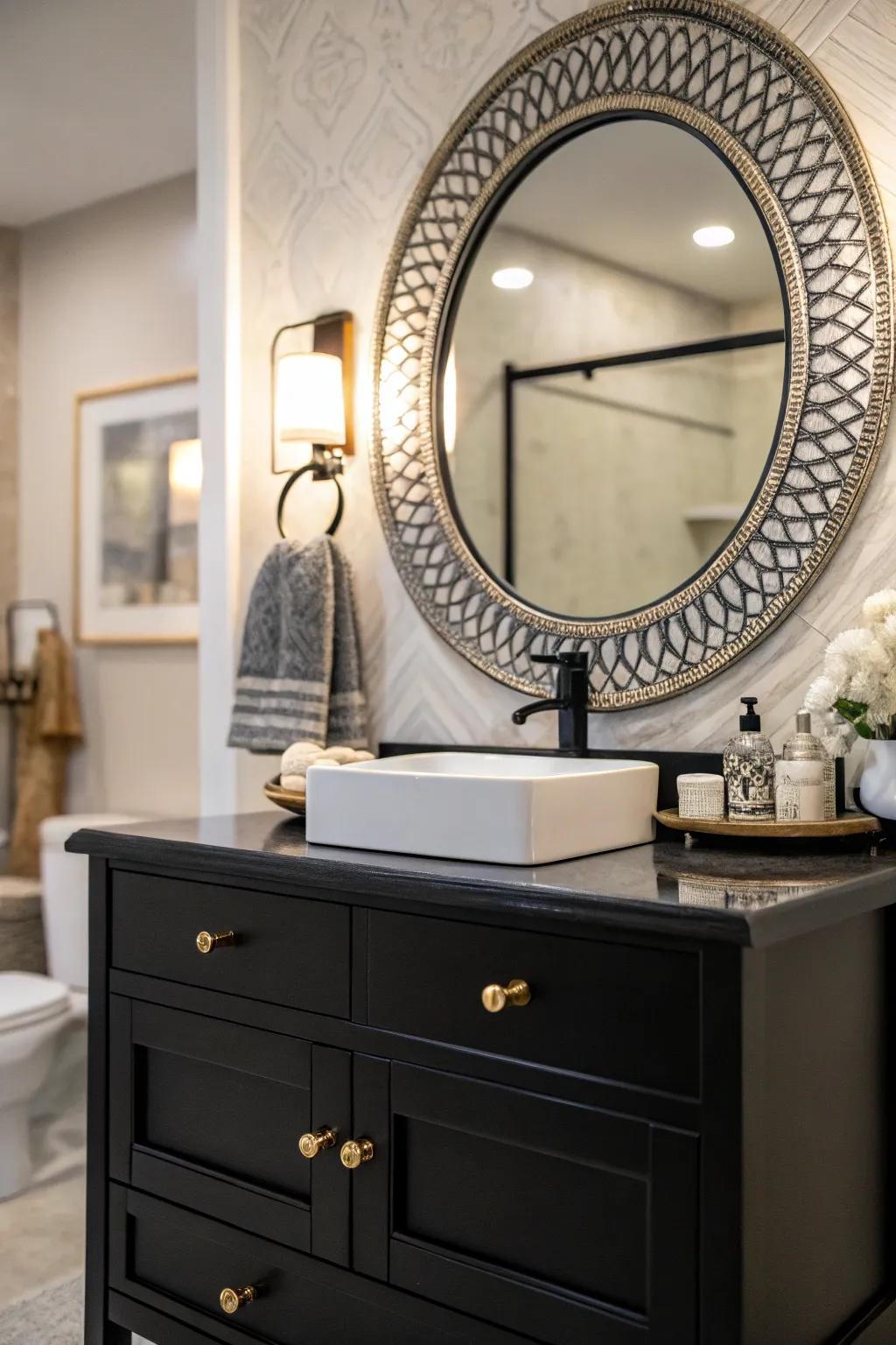 A statement mirror above a black vanity can transform the bathroom into an artful space.