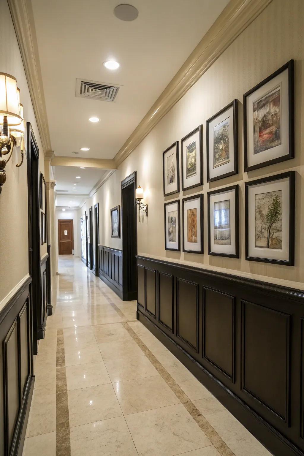 Artistic hallway with black wainscoting and curated artwork.