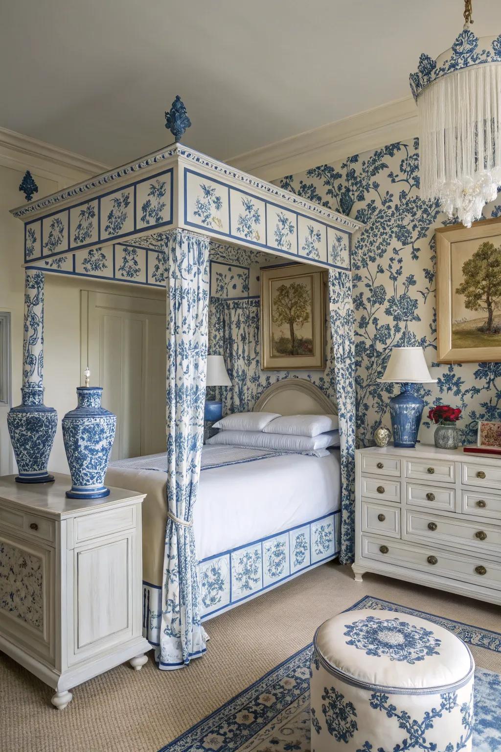 Chinoiserie accents add an elegant touch to a blue and white themed bedroom.