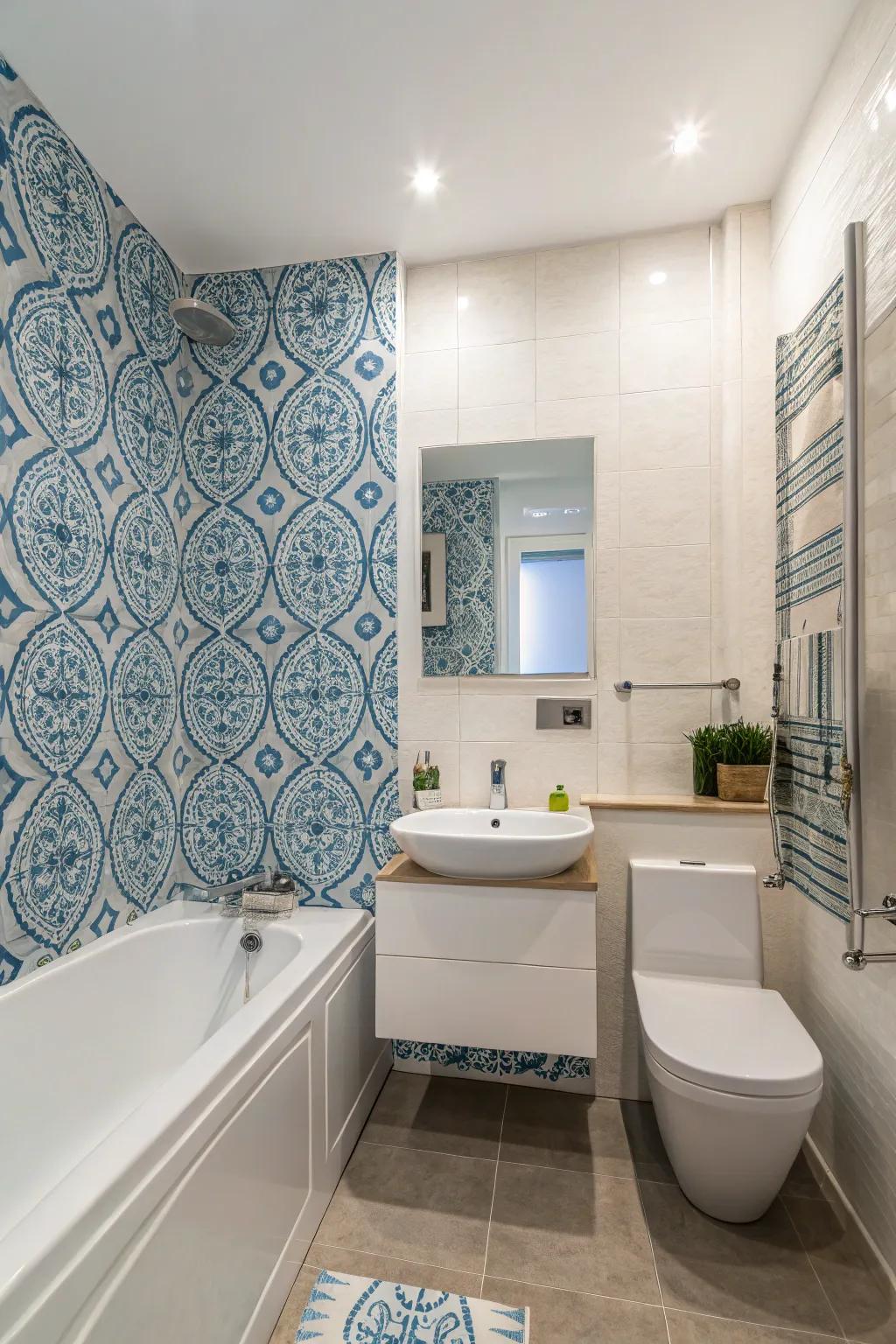 Patterned blue wallpaper adds character and charm.