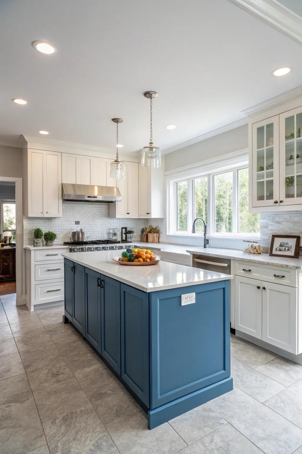 Two-tone cabinets combine blue with white for a modern and personalized kitchen look.