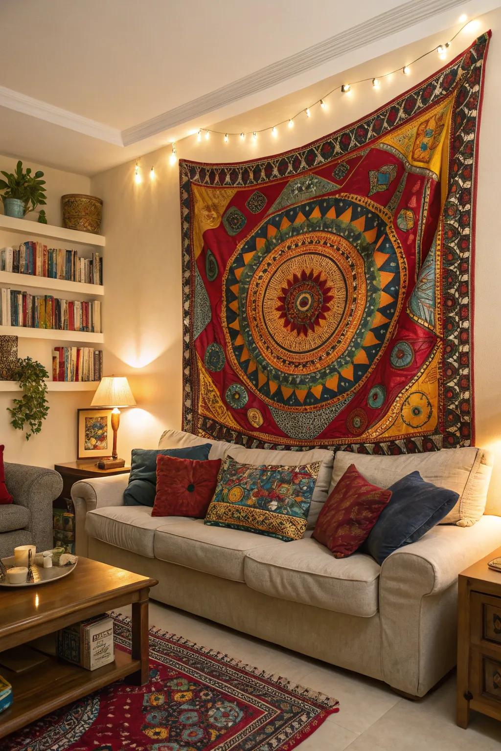 A living room featuring a vibrant tapestry as a focal point.