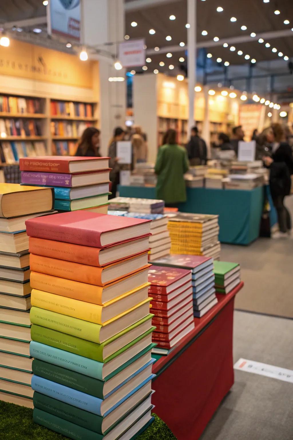 Books stacked in colorful arrangements as part of the book fair decor.