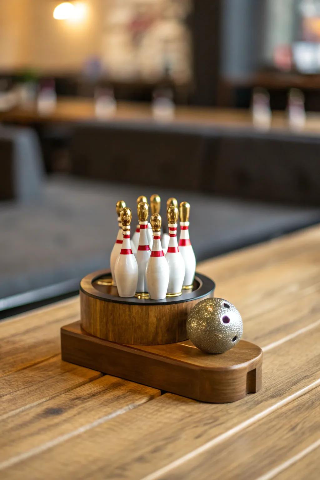 A playful miniature bowling alley trophy.