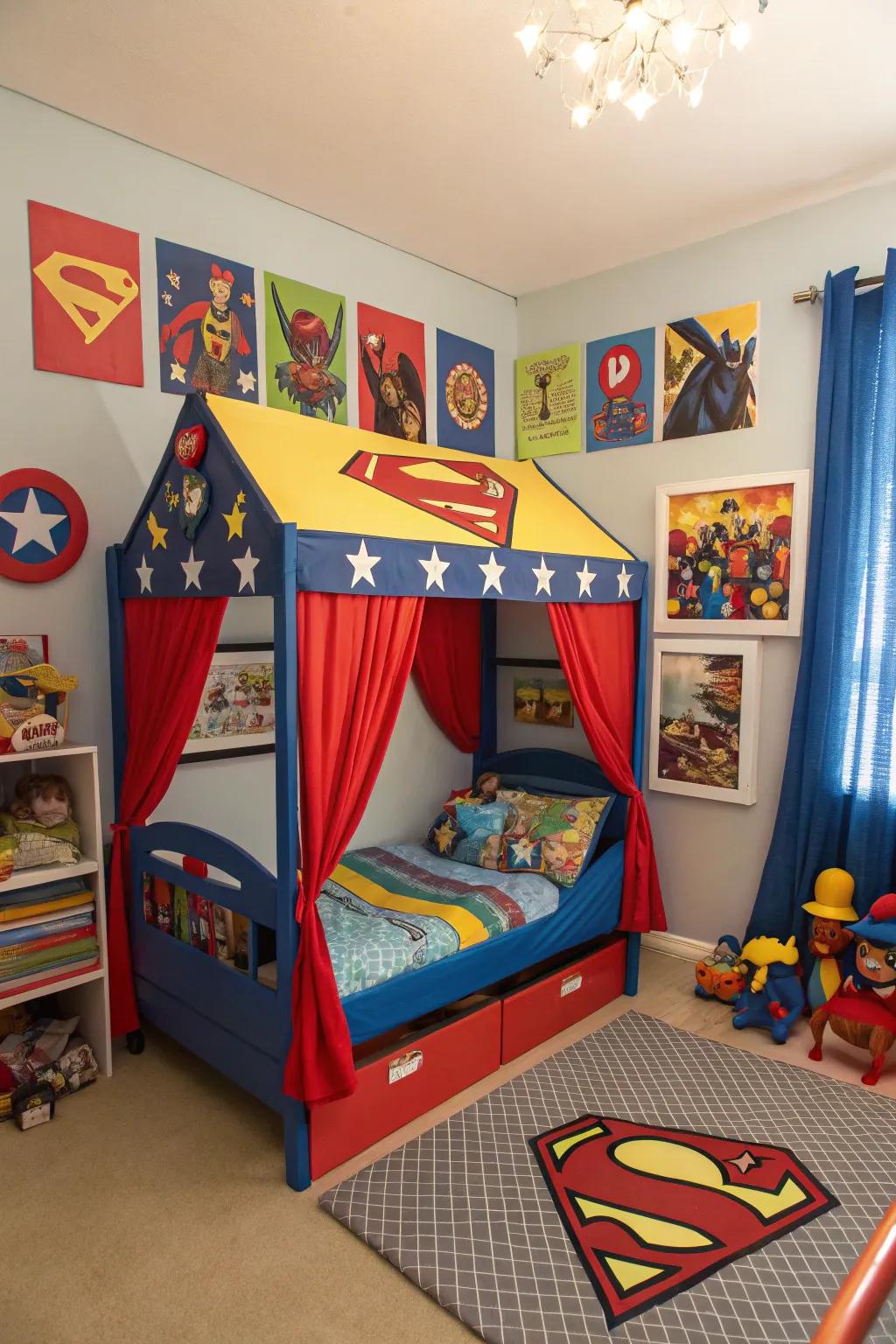 Recharge in style with this superhero-themed canopy bed.