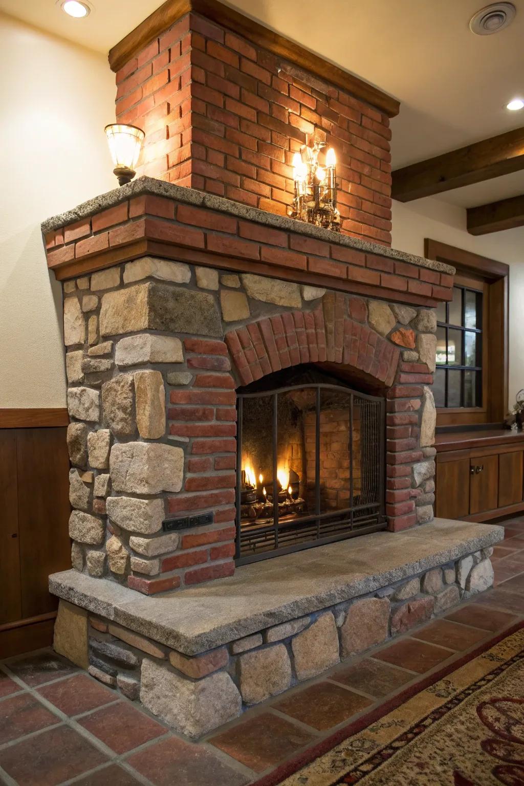 A hearth with a mix of brick and stone, offering a unique textured appeal.