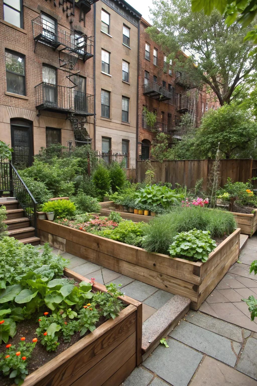 Multi-tiered landscaping adds dimension to this vibrant backyard.