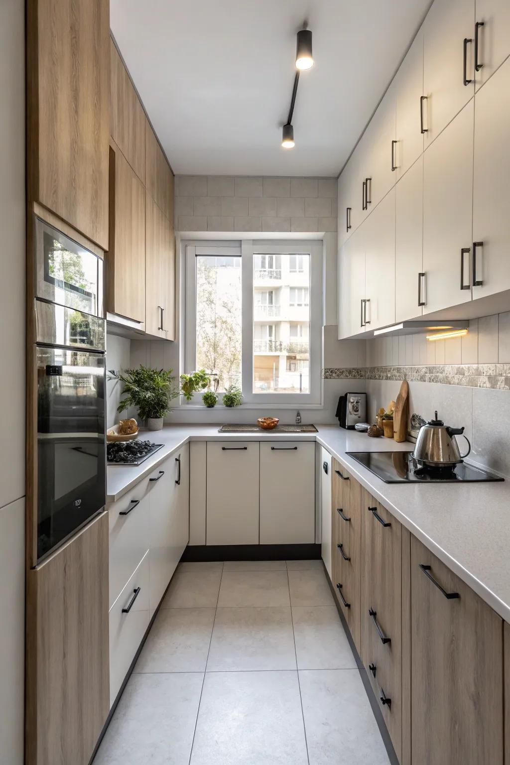 Contrasting cabinetry adds a stylish edge to a small kitchen.