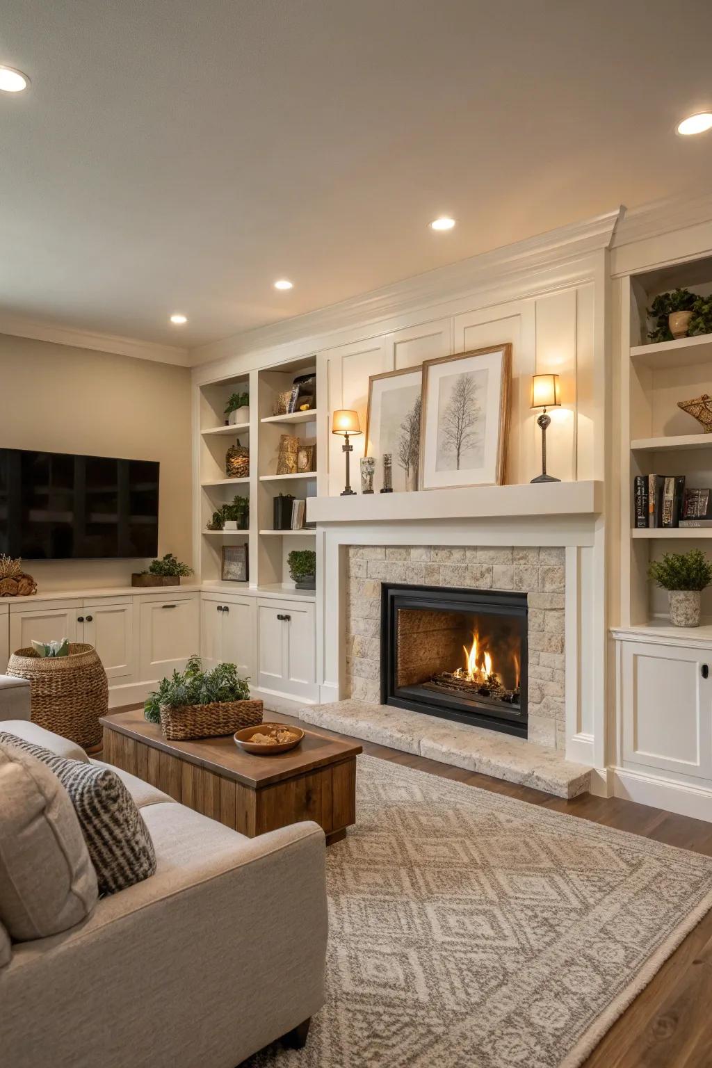 Neutral tones provide a classic and serene fireplace setting.