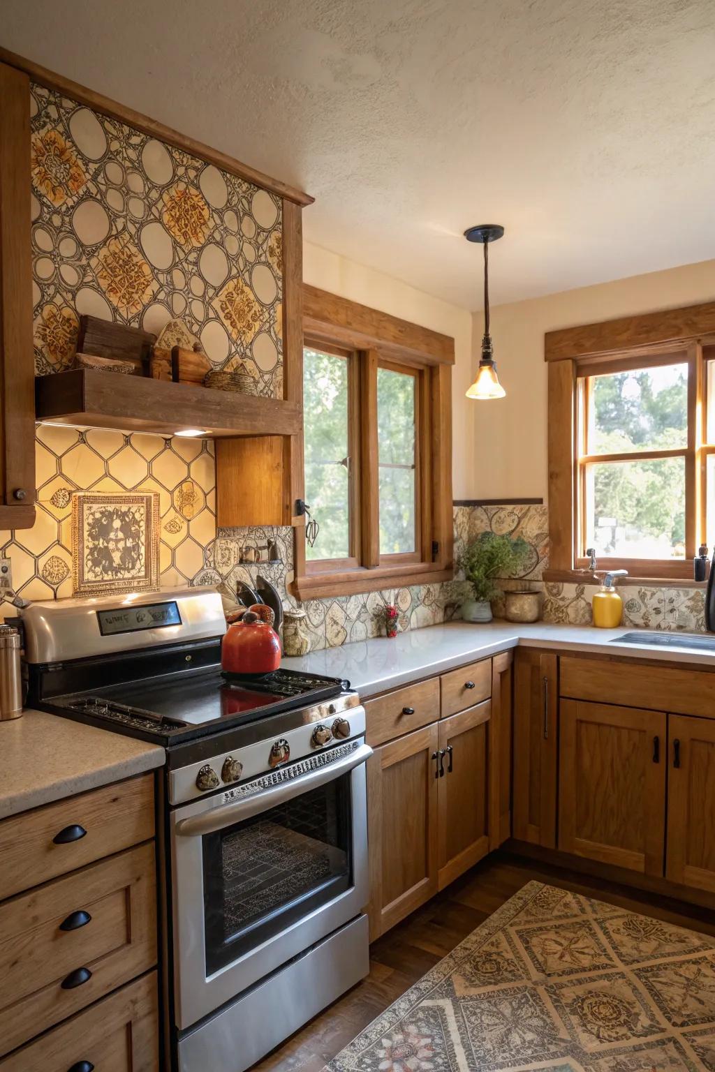 A bungalow kitchen showcasing a distinctive tile backsplash that adds character.