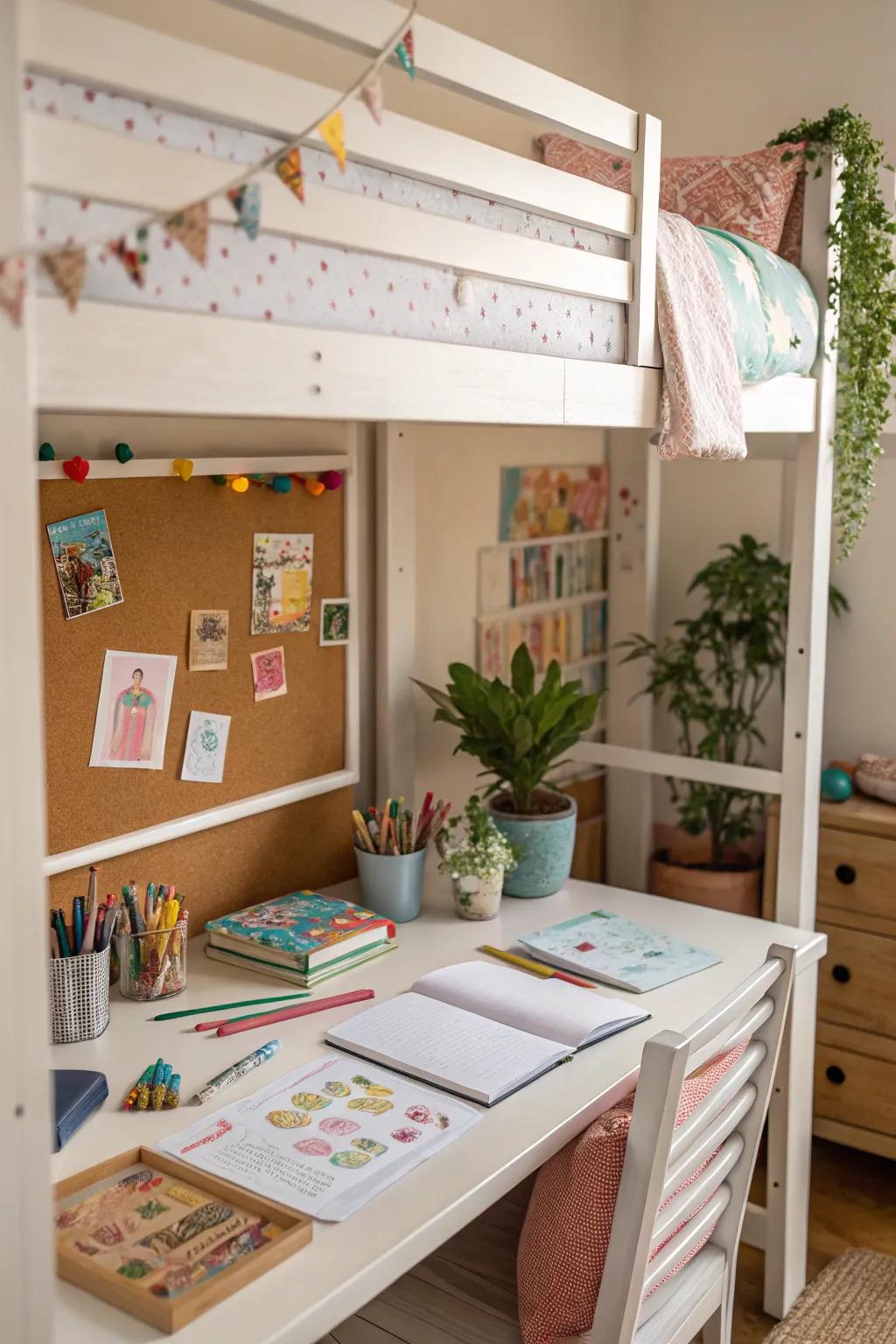 A desk with a corkboard offers a creative outlet for personal expression.