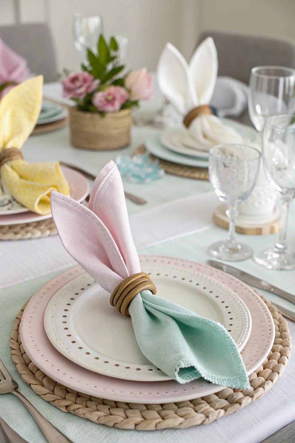 Whimsical bunny ear napkin rings add charm to the table.