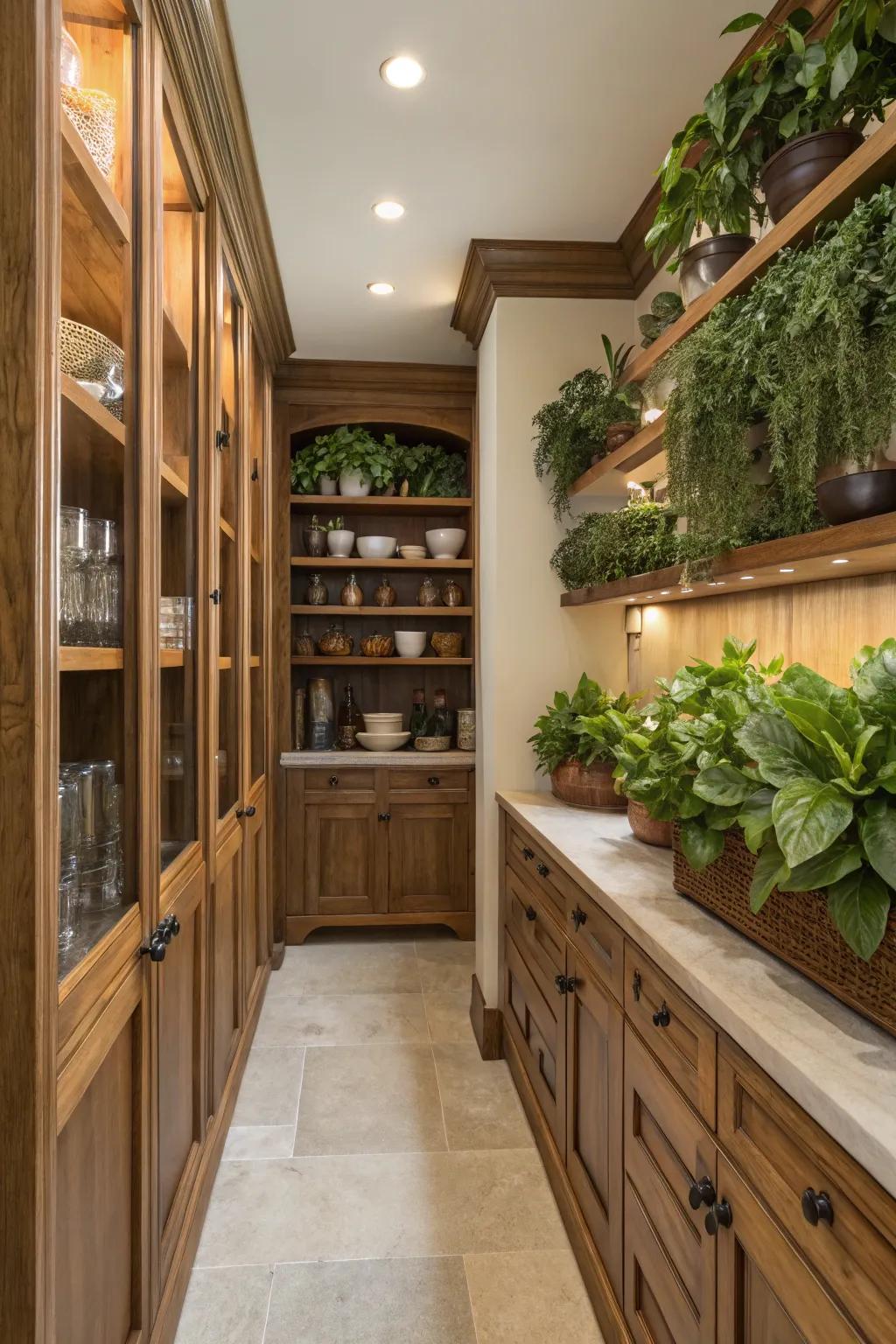 An inviting butler's pantry with wooden accents and lush greenery.