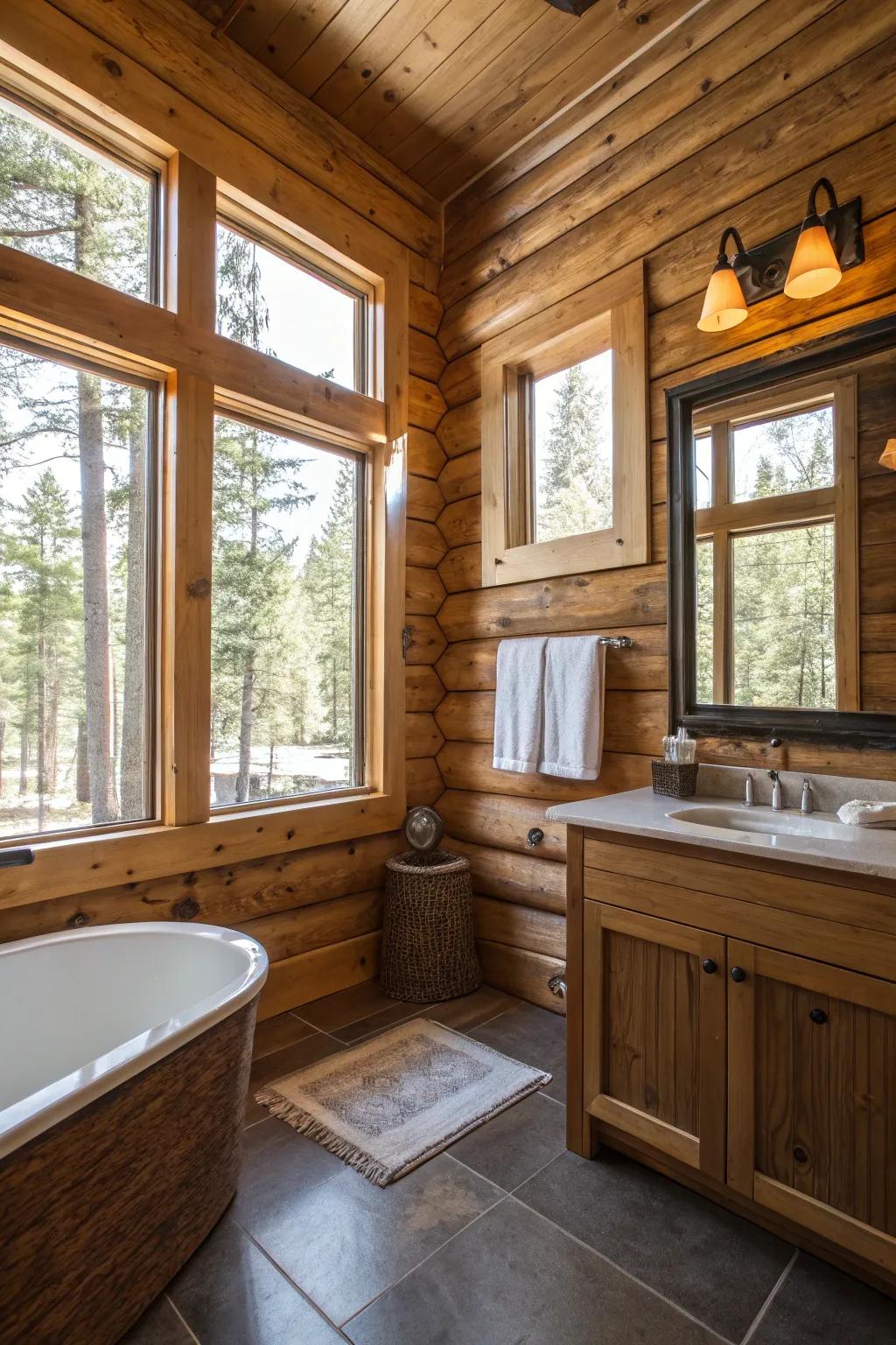 A cabin bathroom with large windows offering a view of the outdoors.