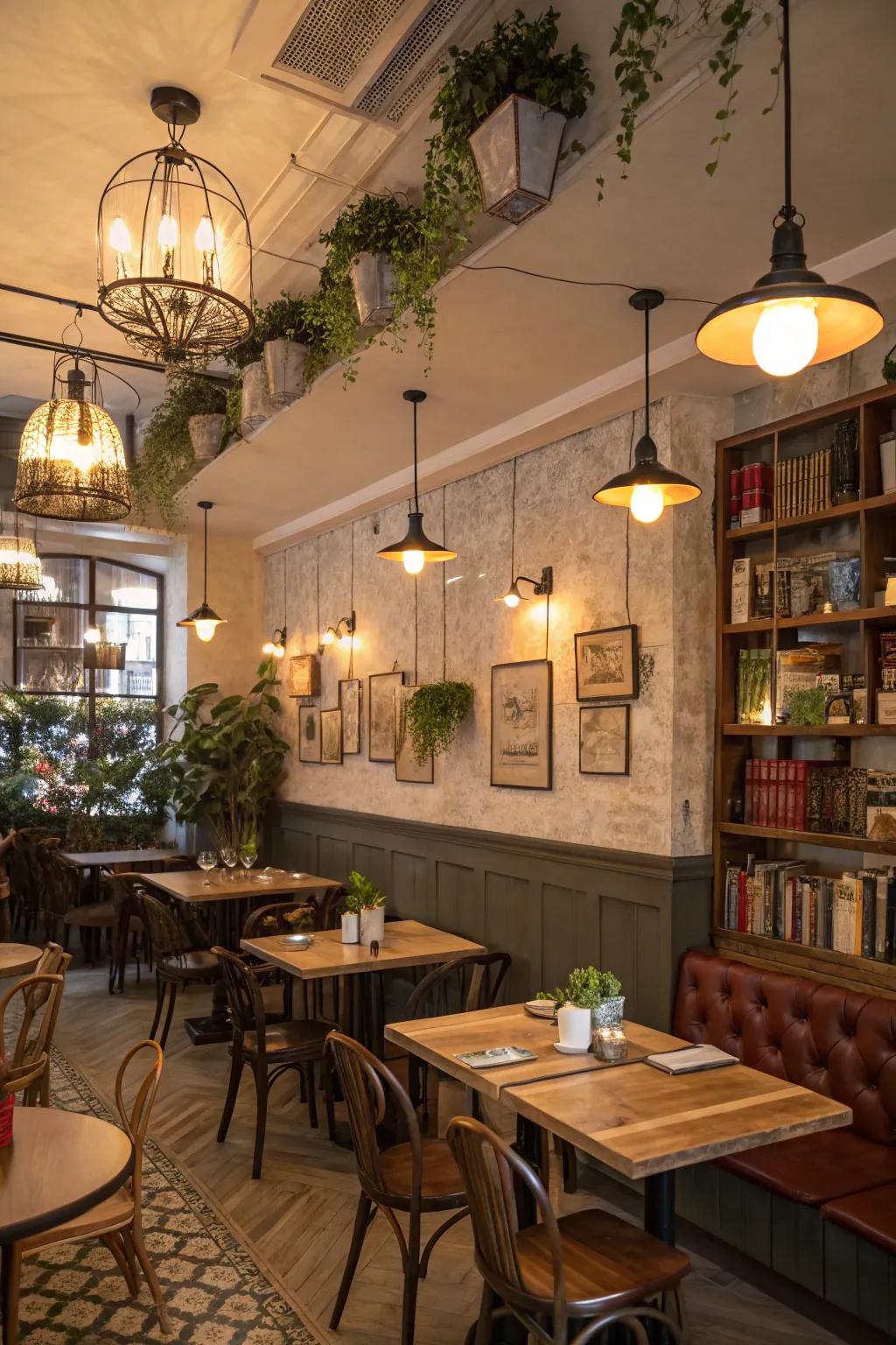 A stylish cafe interior featuring a mix of different light fixtures for a layered look.