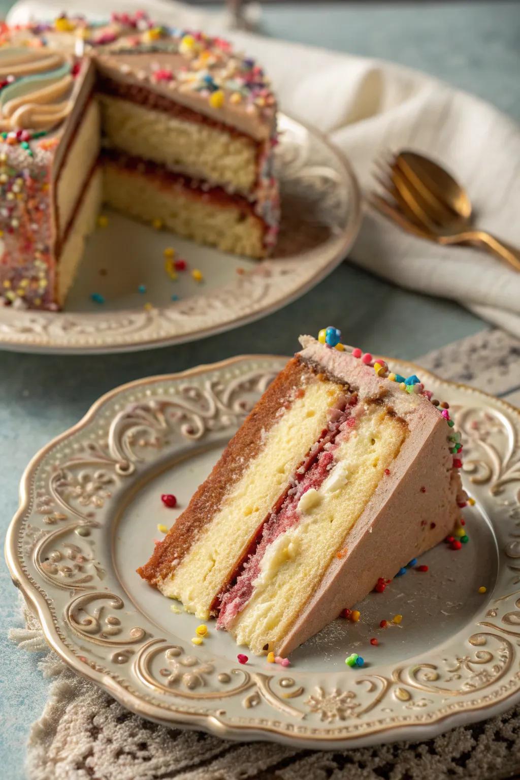 Layering adds a dynamic and sophisticated touch to your cake presentation.