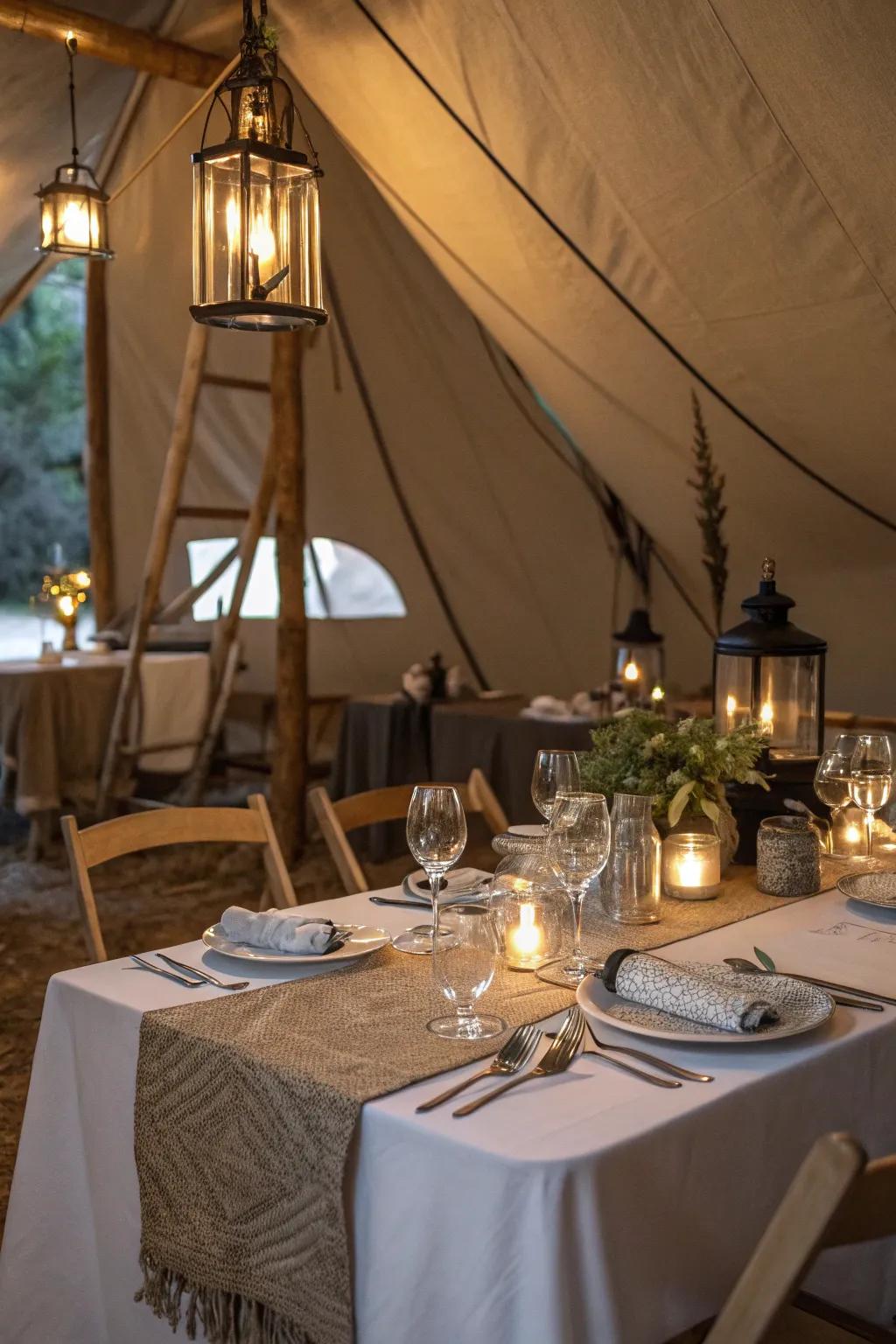 Enhance your tent with a functional and elegant table setup.