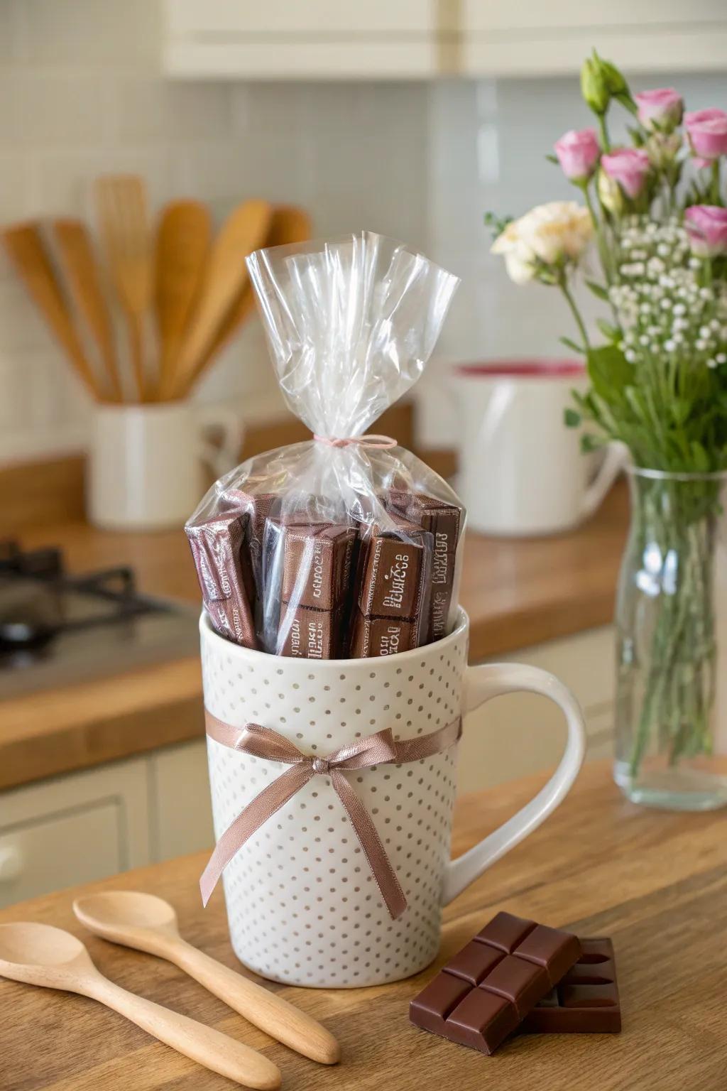 A sweet candy bouquet in a coffee mug.