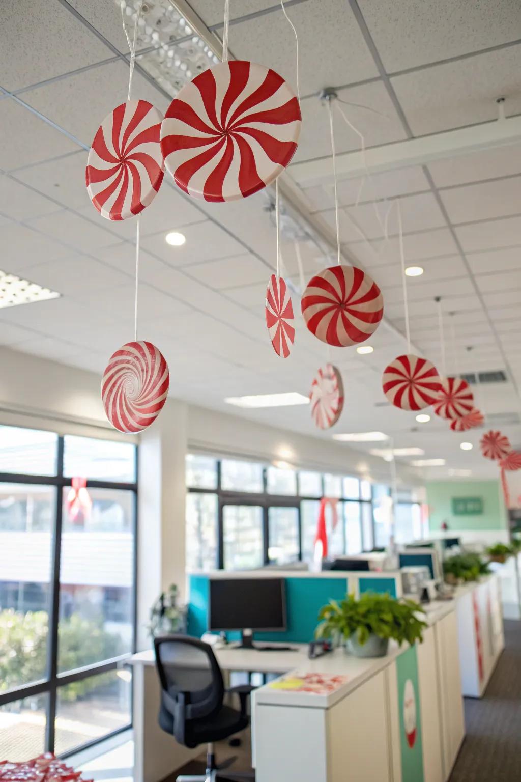 Add a playful twist with hanging peppermint swirls.