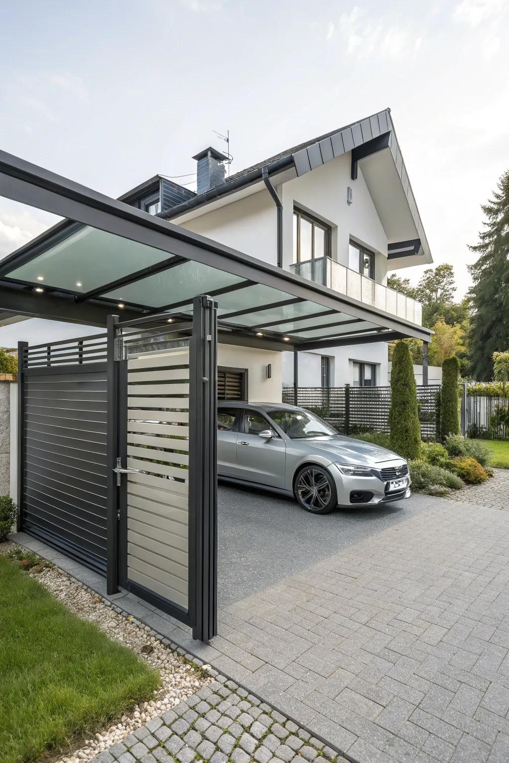 A modern carport equipped with motorized gates for ultimate convenience and security.