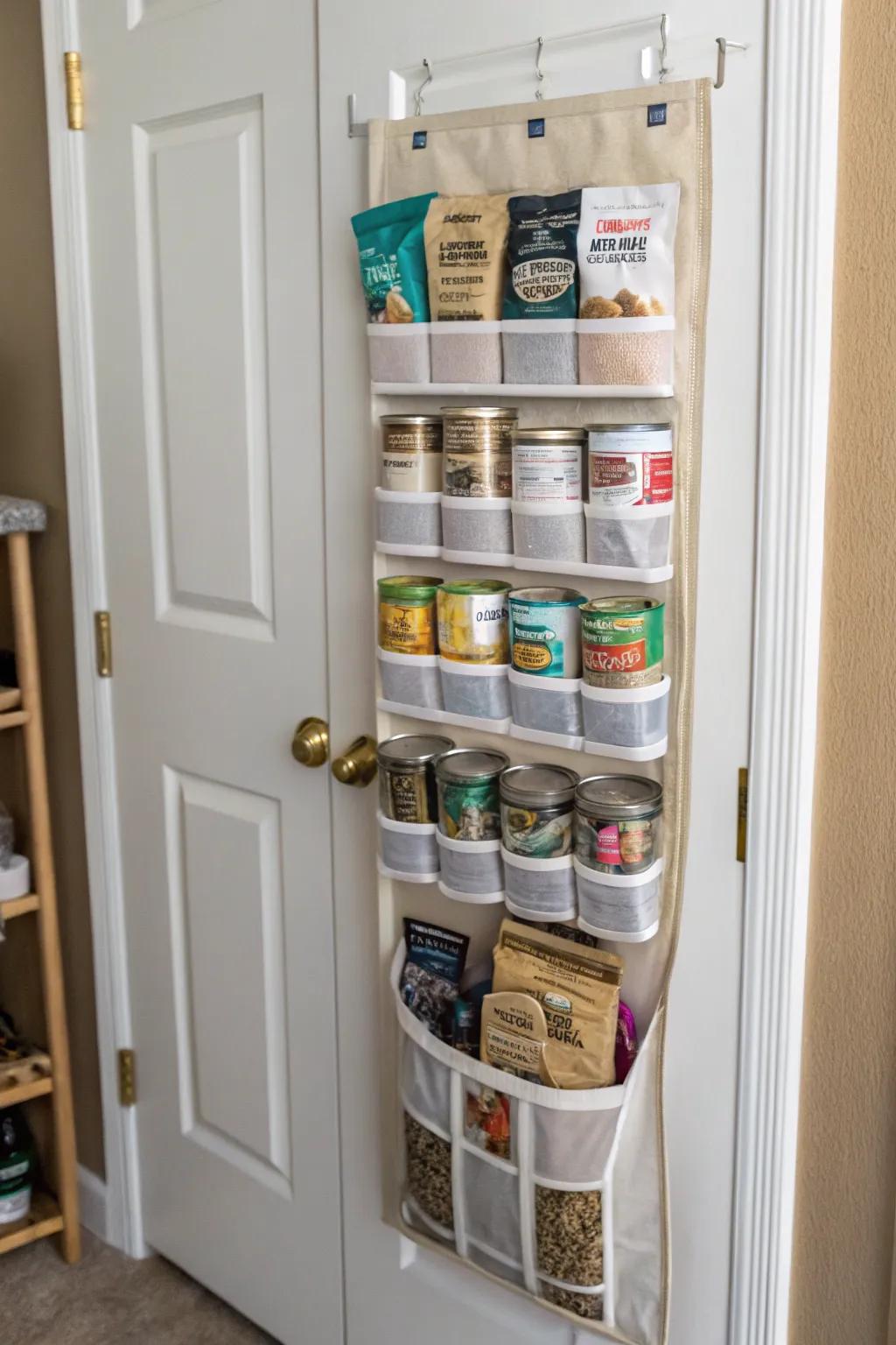 Space-saving hanging organizer for cat food supplies.